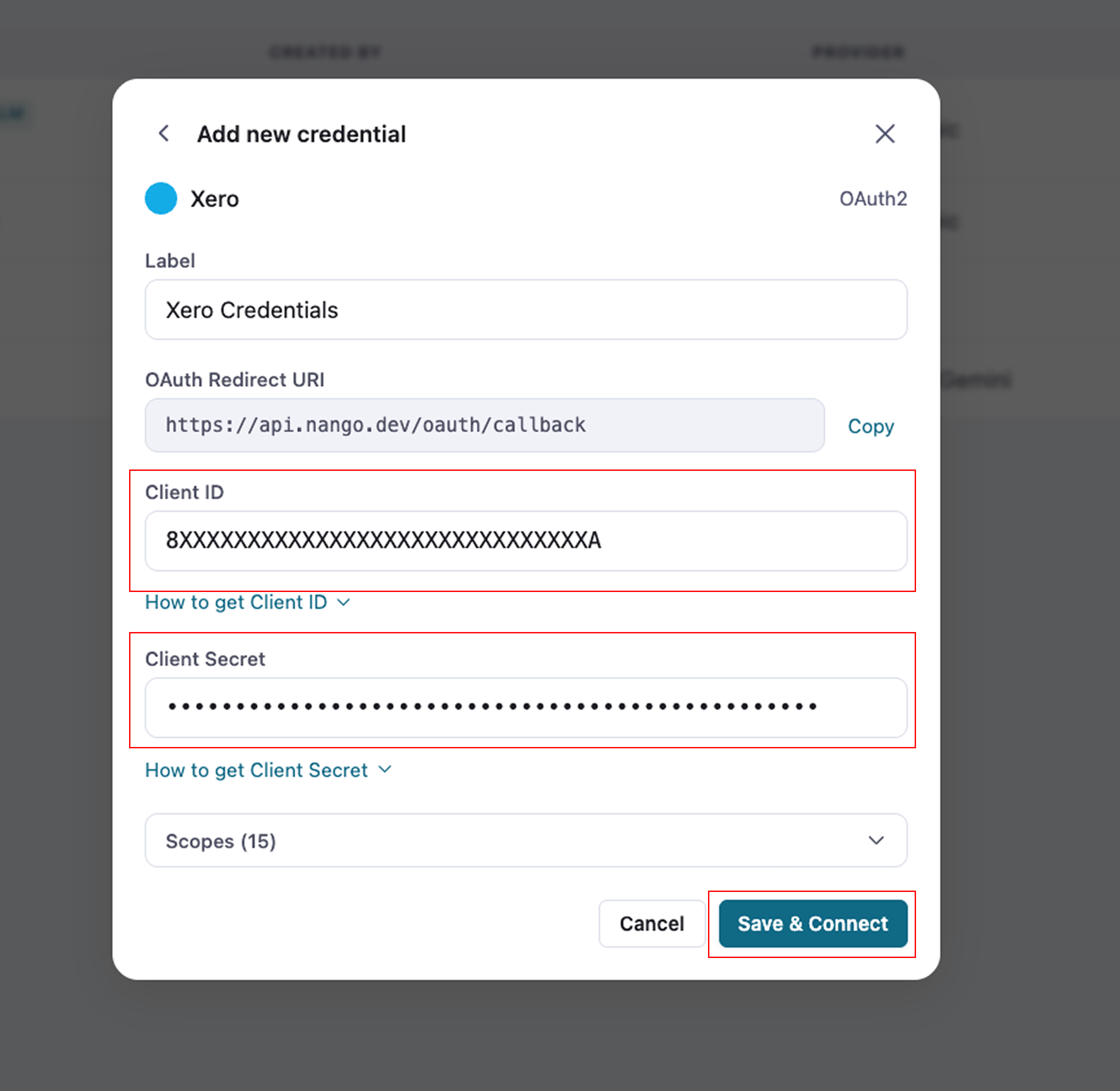 The Fibula New Credential form filled in for Xero, ready to save and connect
